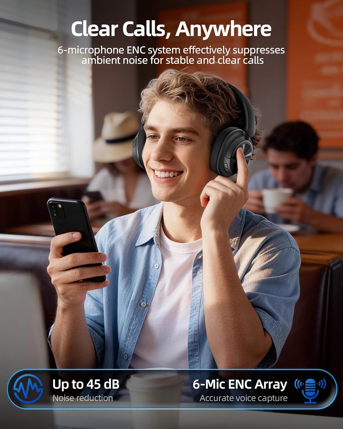 Hybrid Active Noise Cancelling Headphones 120H Playtime Wireless Headphones Bluetooth 6.0 Over Ear Headphones with 6 ENC HD Call Mic, Hi-Res 360° Spatial Audio ANC Headphone for Travel Workout Black - Image 5